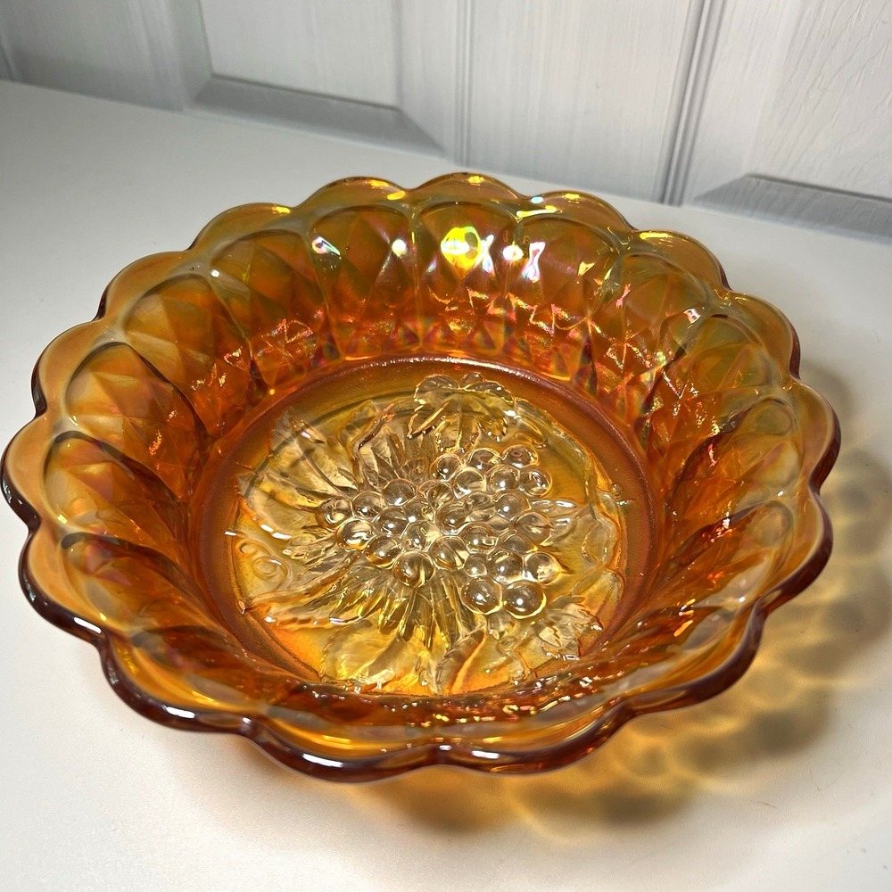 Vintage Imperial Glass Heavy Grape Marigold Carnival Glass Bowl Scalloped 9"